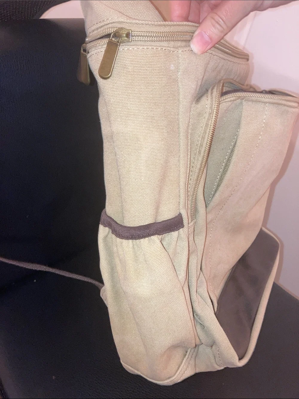 Portage Unisex Beige Canvas Backpack with Brown Trim